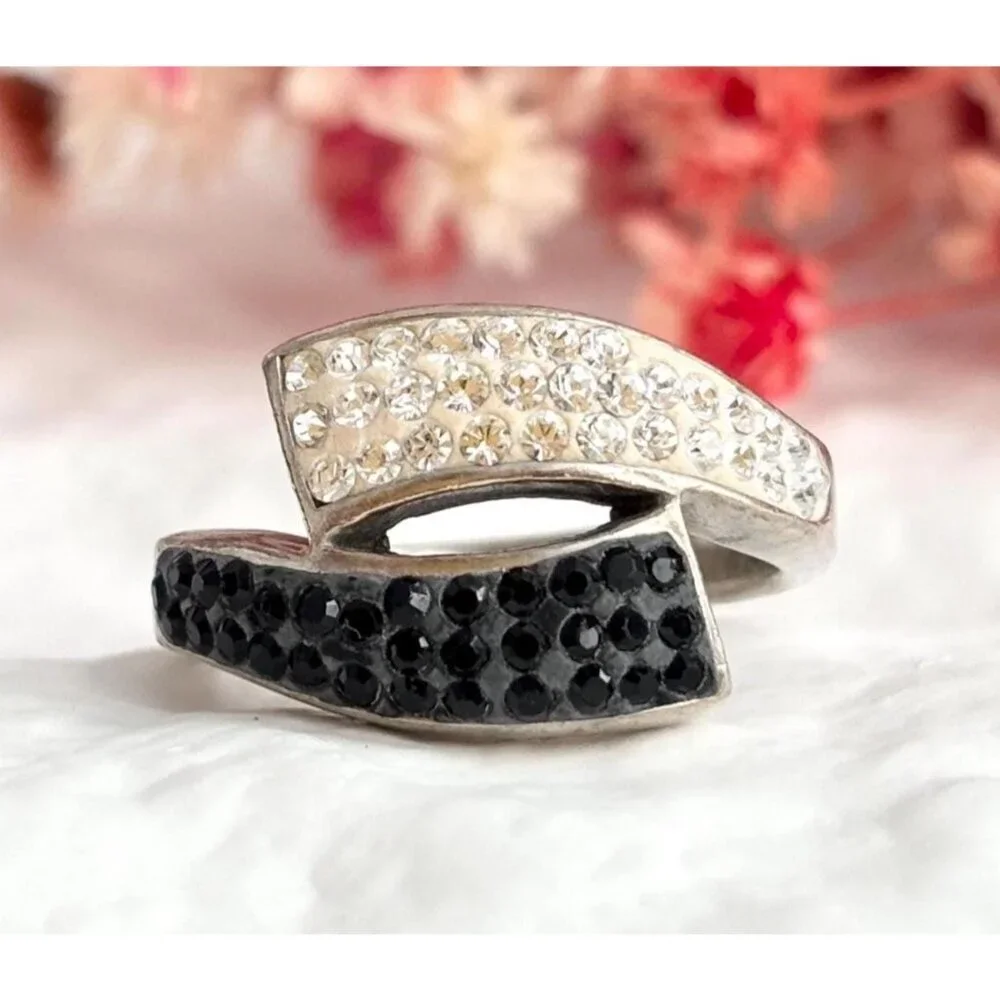 Black Onyx & Simulated Diamond 925 Sterling Silver Vintage Ring - sz 7